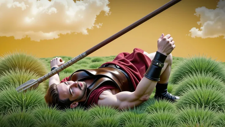Hercules performs a quick spin on the ground, narrowly dodging a spear that flies inches from his face. The spear flies toward his feet as he completes the evasive maneuver. His expression is focused, his muscles tense, demonstrating the urgency of the mom...