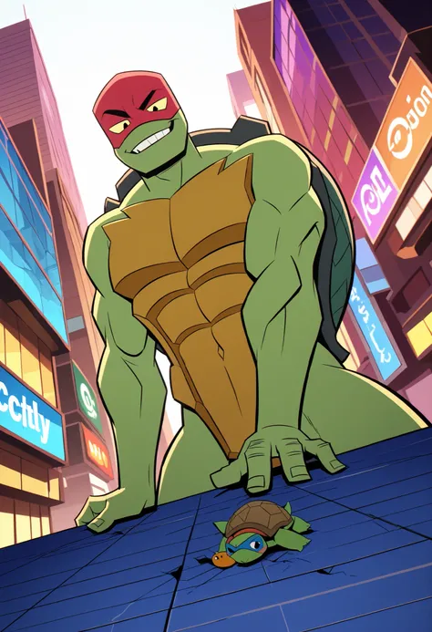 male, Raph, green skin, turtle, mask, (macro in miniscule city), abs, pecs, biceps, attractive, handsome, sexy, alluring, seductive, inviting, smug, causing destruction, naked, sfw, dutch angle