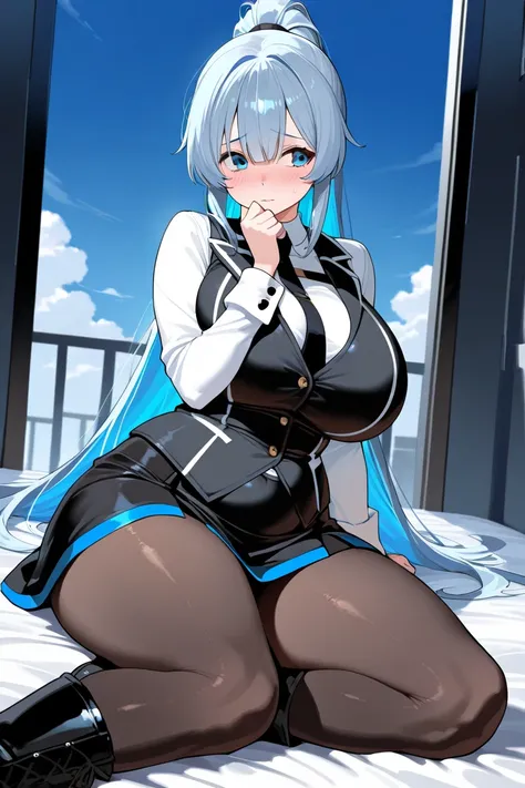 1 Girl，is plump，Super Big Breasts， plump thighs ，plump hips， slim waist ，Dark gray blue hair，tall ponytail，Single ponytail， bangs，sky blue eyes，white long-sleeved shirt，black ineffective vest，black tie，short black skirt in front of the gate，black pantyhose，Black boots，Shy，Front View，sitting on the bed
