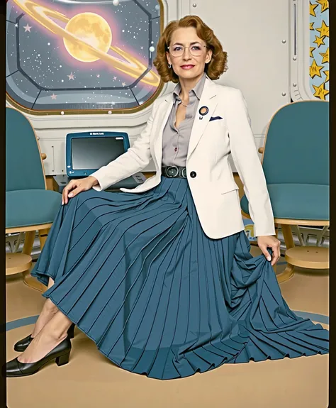 In an interstellar office adorned with vintage charm, a demure, mature therapist, dressed in a crisp uniform jacket and a blouse, reveals her alluring feminine grace. Her long, pleated skirt sweeps dramatically across the metallic floor, each fold a testam...