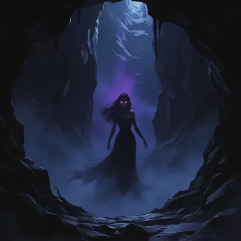 (digital art, masterpiece, high quality, 4k, dark fantasy, mystical, atmospheric, event art)
A cave shrouded in dense shadows, devoid of any source of internal light, where the texture of the environment is shaped like a mysterious veil. The view is from o...