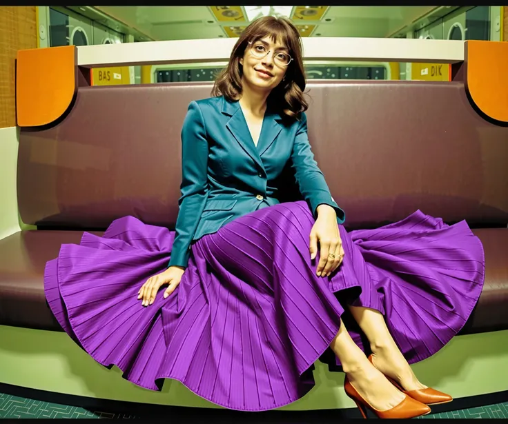 In an interstellar office adorned with vintage charm, a demure, mature therapist, dressed in a crisp uniform jacket and a blouse, reveals her alluring feminine grace. Her long, pleated skirt sweeps dramatically across the metallic floor, each fold a testam...