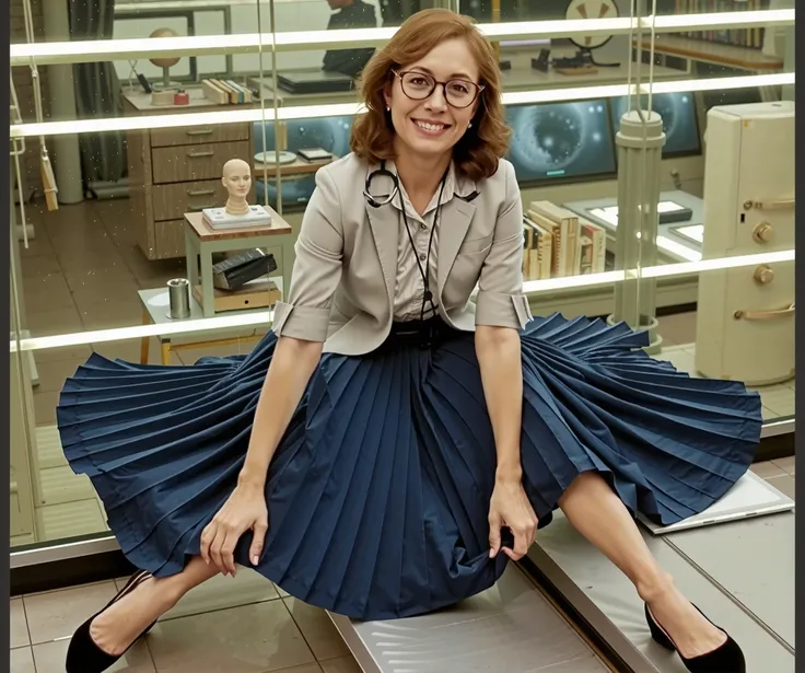 In an interstellar office adorned with vintage charm, a demure, mature therapist, dressed in a crisp uniform jacket and a blouse, reveals her alluring feminine grace. Her long, pleated skirt sweeps dramatically across the metallic floor, each fold a testam...