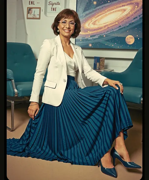 In an interstellar office adorned with vintage charm, a demure, mature therapist, dressed in a crisp uniform jacket and a blouse, reveals her alluring feminine grace. Her long, pleated skirt sweeps dramatically across the metallic floor, each fold a testam...