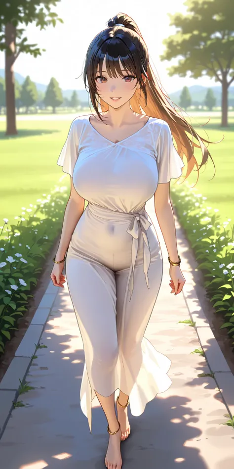 Masterpiece, newest, vibrant, very aesthetic, high contrast, beautiful girl, straight hair, high ponytail long hair, parted lips, smile, perfect body, big breast, saree, bracelet, anklet, bare foot, full body, walking, meadow, park, best quality, realistic...
