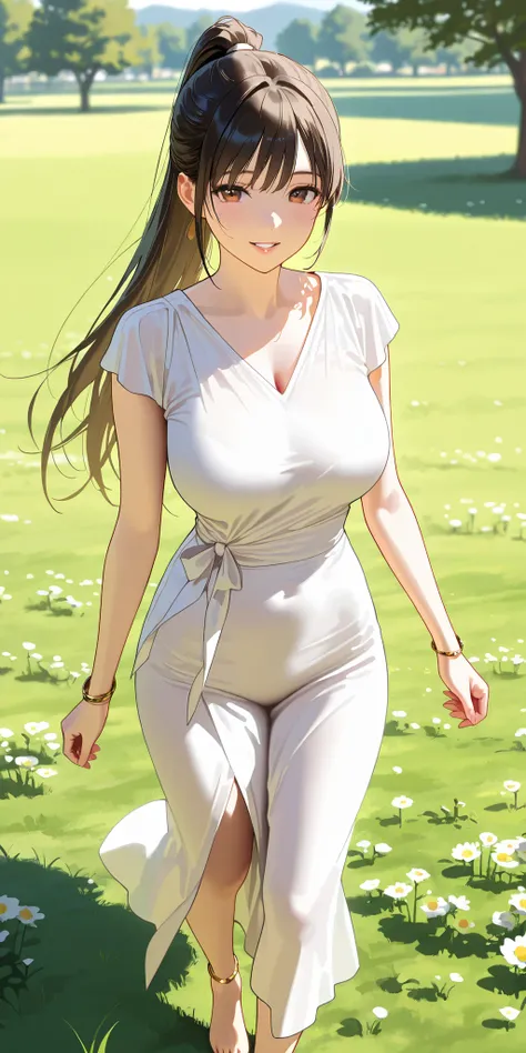 Masterpiece, newest, vibrant, very aesthetic, high contrast, beautiful girl, straight hair, high ponytail long hair, parted lips, smile, perfect body, big breast, saree, bracelet, anklet, bare foot, full body, walking, meadow, park, best quality, realistic...