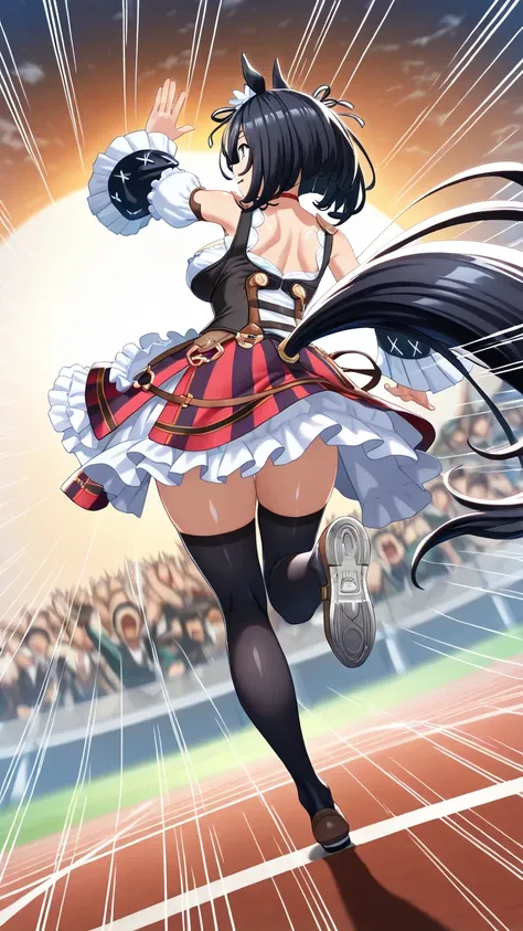 master piece,best quality,ultra detailed,ultra hires,8k,beautiful detailed face,beautiful detailed eyes,cinematic lighting,sky,(1woman:1.2),solo,1girl,looking front,Eishin Flash (Uma Musume),Blue Eyes,horse ears,Medium Hair,black hair,white jacket,EishinDefault,animal ears,ear ornament,tail,medium hair,red choker,dirndl,cleavage,detached sleeves,corset,frills,striped skirt,red skirt,black thighhighs,Sprint,from behind,back focus
