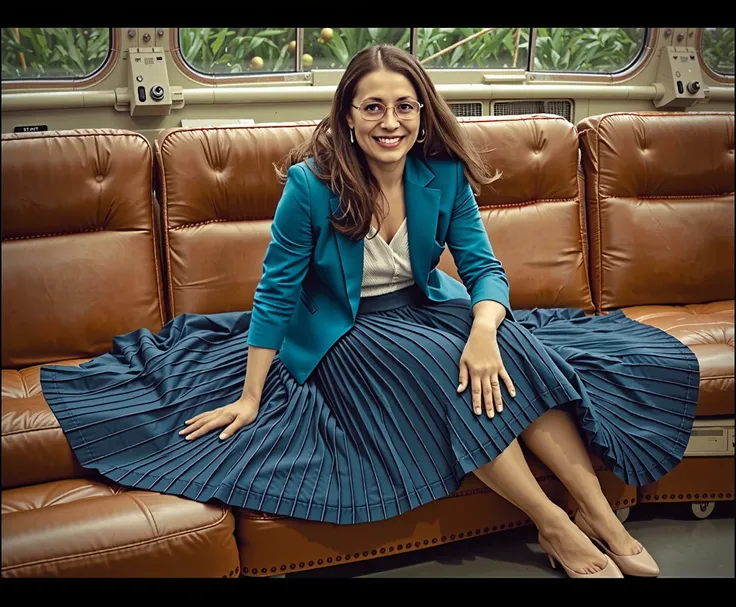 In an interstellar office adorned with vintage charm, a demure, mature therapist, dressed in a crisp uniform jacket and a blouse, reveals her alluring feminine grace. Her long, pleated skirt sweeps dramatically across the metallic floor, each fold a testa...