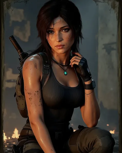 In the photo Lara Croft is in a sitting position, turned slightly to the side, a bal keze a combján nyugszik, while touching her hair or the back of her neck with her right hand, ami laza, giving her a thinking or just resting pose. Her gaze is fixed direc...
