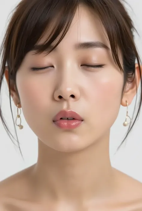 ultra-detailed close-up of a beautiful modern girl, collarbone-up composition, white studio background, soft natural lighting, soft focus on background,
camera angle slightly elevated (about 60 degrees), subject's chin gently raised, head and face facing ...
