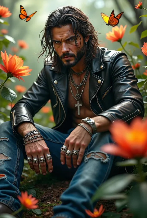 A rugged looking man with intense look on his face, he is wearing a worn leather biker jacket and blue jeans along with rings bracelets with skulls, and a cross necklace, He is surrounded by flower and butterflies. ethereal, beautiful lighting, intricate d...
