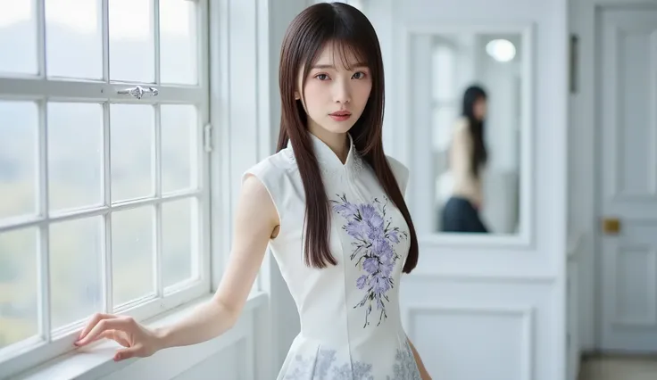 A beautiful Japanese woman with an elegant and sophisticated atmosphere。Wet white silver hair、Straight Bang、graceful yet charming gaze。Her Eyes Shine、charming gaze with a kiss-like expression。The costume is a modern Chinese dress based on white and silver,...