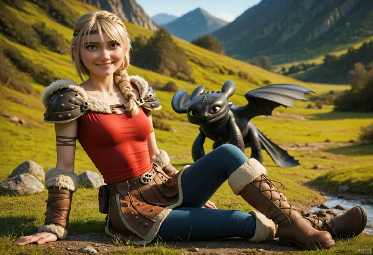 AstridXL, blonde hair, braid, blue eyes, natural medium breasts, BREAK, shoulder armor, pauldrons, pants, skirt, fur trim, red shirt, boots, BREAK, smiling at viewer, sexy pose, with, BREAK, toothless_httyd, BREAK, on a deserted rocky mountainside, masterp...
