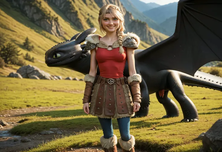 AstridXL, blonde hair, braid, blue eyes, natural medium breasts, BREAK, shoulder armor, pauldrons, pants, skirt, fur trim, red shirt, boots, BREAK, smiling at viewer, sexy pose, with, BREAK, toothless_httyd, BREAK, on a deserted rocky mountainside, masterp...
