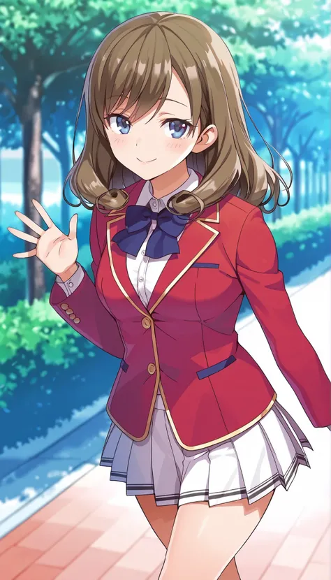  score_9,score_8_up,masterpiece,best quality,correct anatomy,anime_source,1girl,solo,,smile,blush,Sato Maya,long hair,curly hair,brown hair,bangs,blue eyes,glossy lips ,school uniform,red blazer(closed blazer ,buttoned blazer) ,blue bowtie,collared shirt,w...