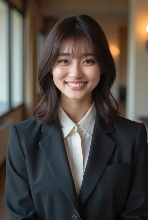 Neat Young Woman、and look at the camera、smile showing teeth、office lady suit、jacket、shirt、濃いアイシャドゥ、、、、耳にピアス、 、dark eyeshadow、、Background is in a room、
