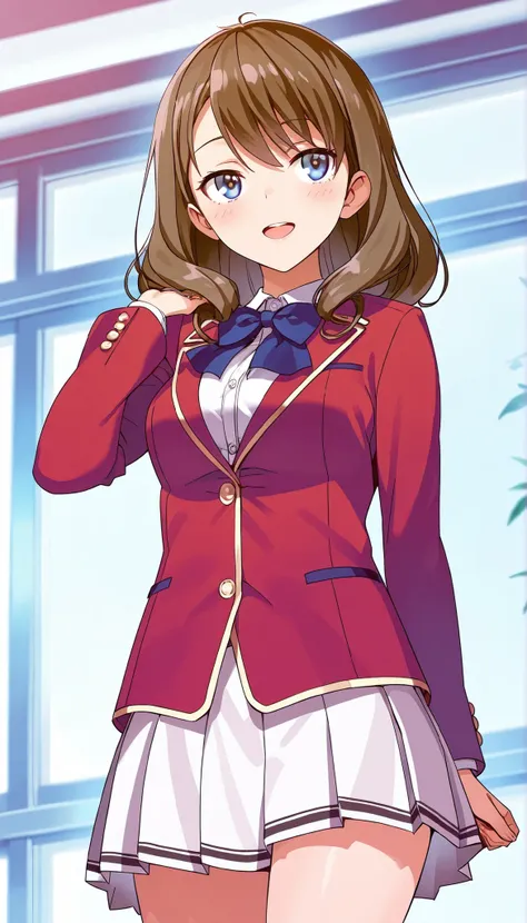  score_9,score_8_up,masterpiece,best quality,correct anatomy,anime_source,1girl,solo,,smile,blush,Sato Maya,long hair,curly hair,brown hair,bangs,blue eyes,glossy lips ,school uniform,red blazer(closed blazer ,buttoned blazer) ,blue bowtie,collared shirt,w...