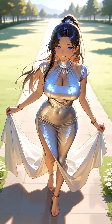 Masterpiece, newest, vibrant, very aesthetic, high contrast, beautiful girl, straight hair, high ponytail long hair, parted lips, smile, perfect body, big breast, saree, bracelet, anklet, bare foot, full body, walking, meadow, park, best quality, realistic...