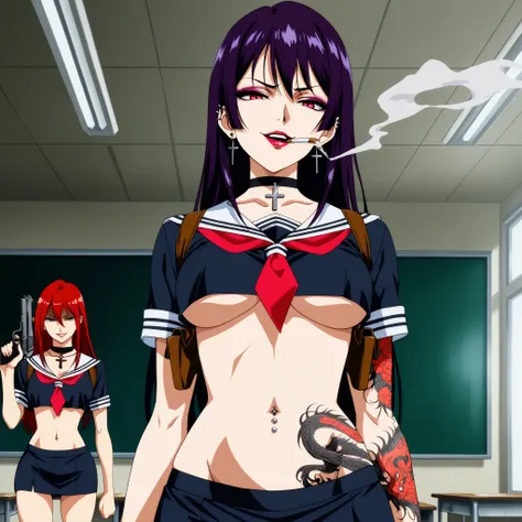 2girl, two girls, , long hair, [[[tattoo]]], earrings, breast tattoo, waist tattoo, girls, black hair, , purple hair, red hair,  ,, makeup, parted lips,  smoking, purple hair, choker, high quality, best quality, great quality, long  hair, arm tattoo, eyesh...