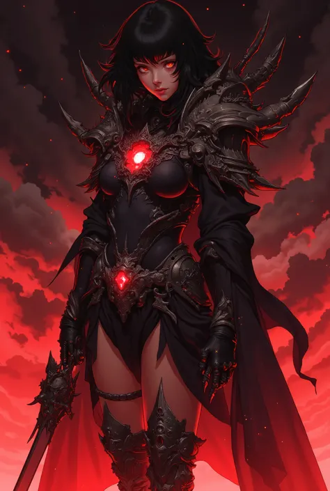 Female Knight,alone， tights, dark hair, author：Masamune Shirow, powering up, red glow