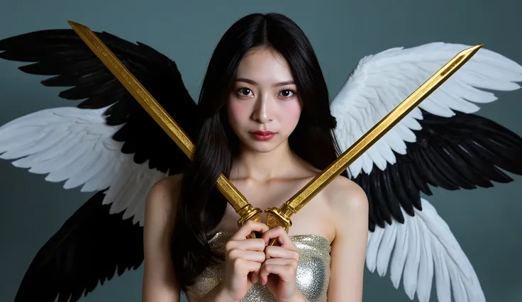 has three wings with alternating white and black on each side、Half angel half devil woman, one eye is completely black、the other eye is completely white , she uses two short gold swords , one with each hand