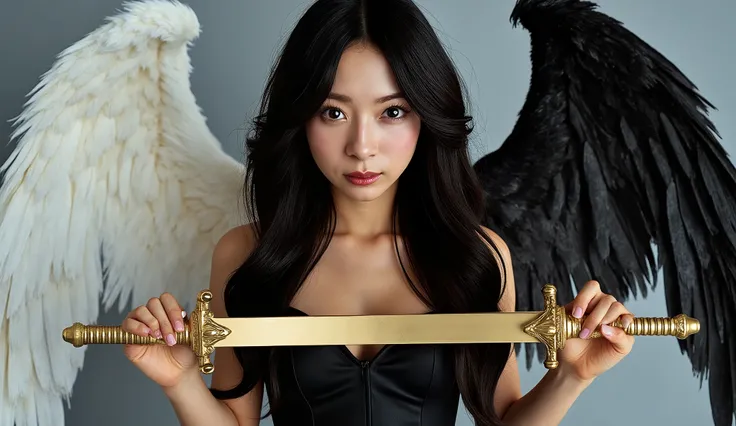 has three wings with alternating white and black on each side、Half angel half devil woman, one eye is completely black、the other eye is completely white , she uses two short gold swords , one with each hand