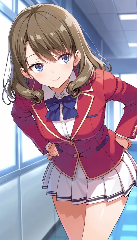  score_9,score_8_up,masterpiece,best quality,correct anatomy,anime_source,1girl,solo,,smile,blush,Sato Maya,long hair,curly hair,brown hair,bangs,blue eyes,glossy lips ,school uniform,red blazer(closed blazer ,buttoned blazer) ,blue bowtie,collared shirt,w...