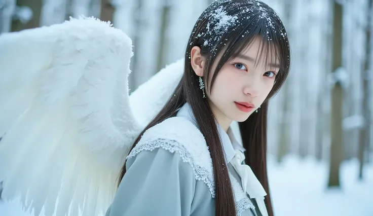  , the winged snow nymph has a graceful appearance. her skin is white like fresh snow, shines softly in the moonlight、has a faint bluish glow. what about her hair、flows like a frosty silk waterfall, woven into it {x} snowflakes with small crystals that won...