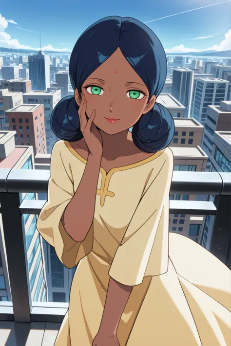 ((masterpiece, absurdres)), best quality, amazing quality, newest, 4k, anime coloring, very aesthetic, ray tracing, Smooth Quality, CG, source_anime,
city view,lalah, 1 female, dark skin, double bun hairstyle, blue hair, green eyes, red lips, forehead mark...