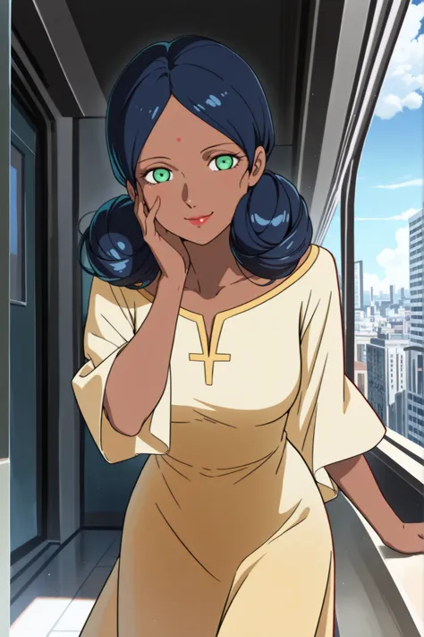 ((masterpiece, absurdres)), best quality, amazing quality, newest, 4k, anime coloring, very aesthetic, ray tracing, Smooth Quality, CG, source_anime,
city view,lalah, 1 female, dark skin, double bun hairstyle, blue hair, green eyes, red lips, forehead mark...