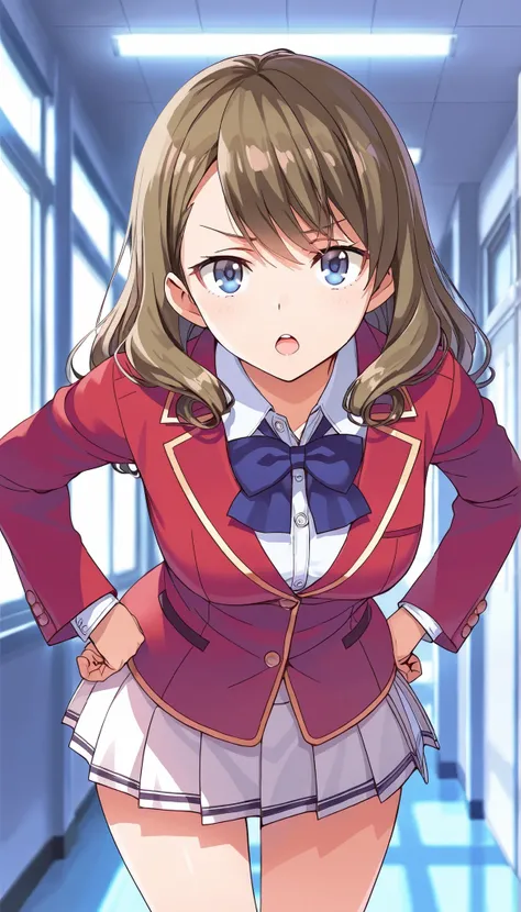  score_9,score_8_up,masterpiece,best quality,correct anatomy,anime_source,1girl,solo,Sato Maya,long hair,curly hair,brown hair,bangs,blue eyes,glossy lips ,school uniform,red blazer(closed blazer ,buttoned blazer) ,blue bowtie,collared shirt,white shirt, m...
