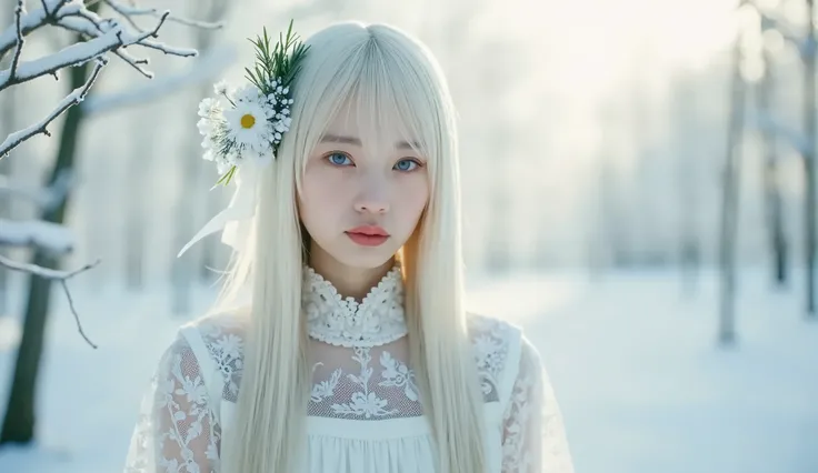 a Seraphim woman. She has fair skin, pure white knee-length hair, And blue eyes. wears a floor-length Victorian gown.