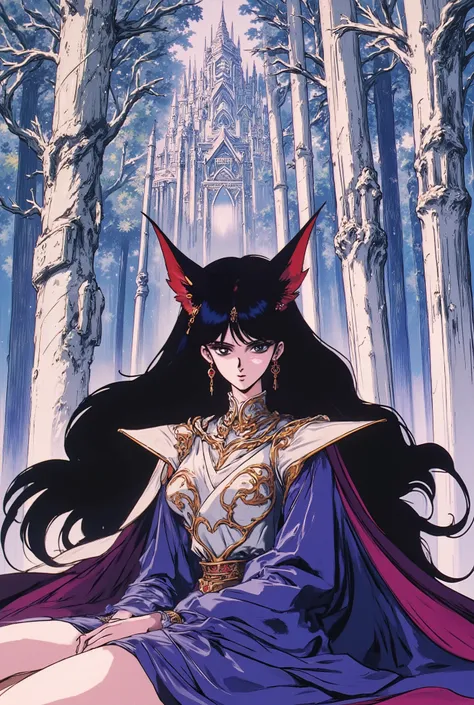 Rei Hino, black long hair, she has elven ears, intricate satin dress, sitting on a tree stomp,in a silver forest, huge silver trees, background silver elven castle, intricate architecture, Benisman, Benisman artstyle, Benisman Style, cel shading, high cont...