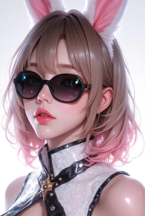 masterpiece high quality beautiful high resolution 8k detailed expression hyper realistic anime style 3d anime realistic anime bunny girl with sunglasses attractive detailed skin texture bahini girl with bunny ears close-up portrait of bunny girl's upper b...