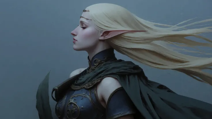 by Piotr Jabłoński.night，Upper body side portrait of a high-ranking elf woman，She has long light blond hair，fluttering to the side in the wind，Close eyes，The expression is calm and melancholy。She was wearing dark blue elf style armor with gold trim，and wor...