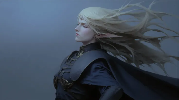 by Piotr Jabłoński.night，Upper body side portrait of a high-ranking elf woman，She has long light blond hair，fluttering to the side in the wind，Close eyes，The expression is calm and melancholy。She was wearing dark blue elf style armor with gold trim，Blue-gr...