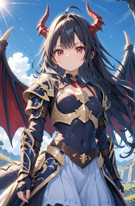 one girl, serious expression、 long hair, dark haired, dragon horn , Dragon Wings :1.2、RED EYES, cute face、skirt、Armed Girl、 Compact Black Armor 、exquisite black gauntlet、Exquisite Armor 、 intense expressions、Fierce Battle Scenes、dramatic l...