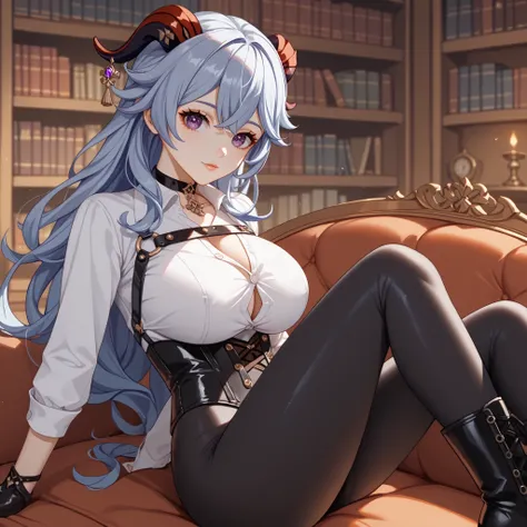 source_anime, 1 adorable girl, ((Adorable girl's face)), short stature, Alone, sitting on a couch, old library, candelabras, at night, (hired, genshin impact), award looking at the viewer, huge breasts, pale skin, hair azul, choke, arreglo para el hair en ...