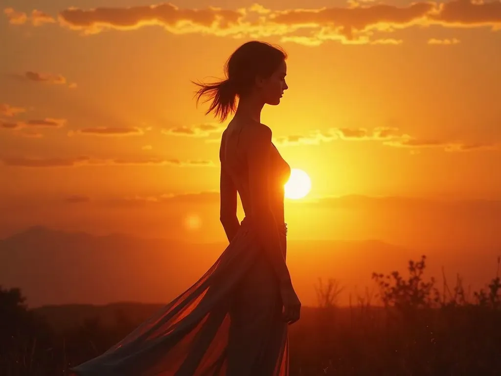 silhouette of a beautiful woman disappearing during sunset
