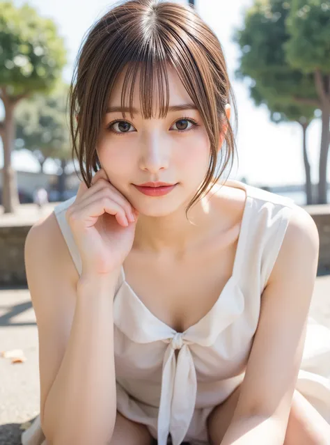 白いワンピース、in 8K:1.5,Best Quality:1.4, 超A high resolution:1.5, (Photorealistic:1.4),masterpiece:1.2,(top-quality:1.4)、Raw photo、1a japanese girl、Cute、 (RAW フォト:1.2), (フォトリアリスティック:1.4), 美しい詳細な表情の少女, (((とてもよく詳しい eyes and face, 美しく詳細な目元, 非常に詳細な顔、はにかんだ笑顔))), 傑作,...