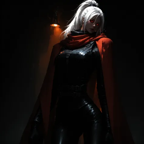 artist: wlop, masterpiece, best quality, illustration, a beautiful woman, white hair, ponytail, red eyes with white sclera, detailed face, fantasy adventurer rogue clothes, female wearing a Stight black bodysuit with a black leather combat vest over and a ...