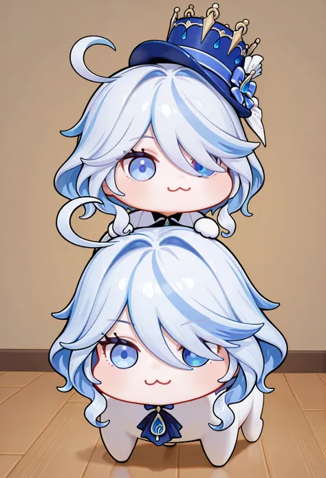 masterpiece, Best Quality , Perfectly finished, highest resolution, 8k, Amazing Quality, detailed eyes, Clear eyes, furina, blue eyes, blue hair, cowlick, ahoge, hair over one eye, light blue hair, short hair, doro, chibi, :3