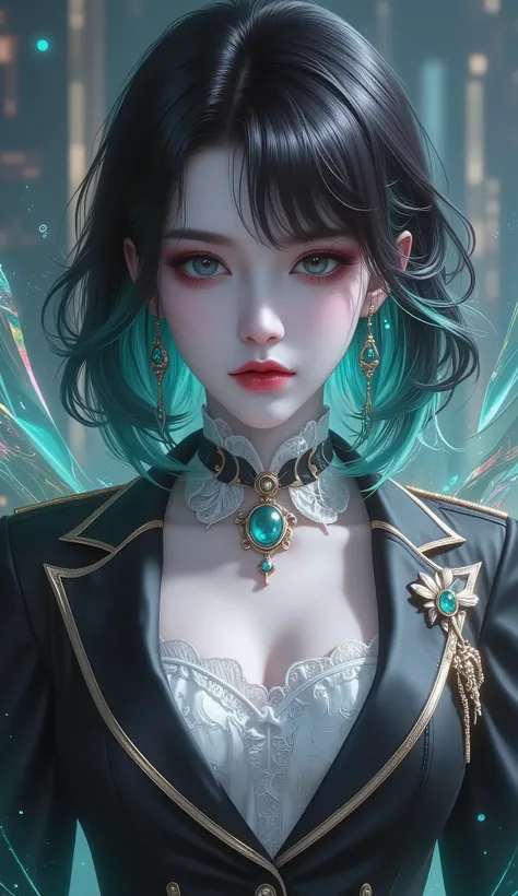 (masterpiece, detailed:1.2), semi-realistic, Voluptuous woman, mature woman, fierce woman, tomboy women, gradient hair, asymmetrical bob haircut,blunt bangs, aqua eye, glossy lips, expressionless, gothic, thick eyelash , black hair, green gradient highligh...
