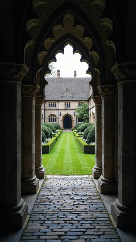 A masterpiece, photorealistic digital photograph from an eye-level perspective inside a medieval Gothic cloister walkway. The composition peers through a series of elegant, slender stone columns that are arranged in a staggered double row, creating a deep, rhythmic frame. These dark, silhouetted columns and their pointed arches lead the eye towards the central courtyard garden, or garth. The garden is perfectly manicured, featuring a lush, vibrant green lawn bordered by neatly trimmed box hedges and dotted with small white flowers. The lighting creates a stark and beautiful contrast: the foreground walkway is enveloped in cool, deep shadow, while the central garden is brightly illuminated by soft, diffused light from an overcast sky. This makes the garden the luminous heart of the image. The color palette is one of high contrast, pitting the dark grays and blacks of the foreground stone against the vivid greens and whites of the sunlit garden. Hyperrealistic intricate details are visible in the carved capitals of the columns and the fine delicate textures of the cobblestone floor, the hedge leaves, and the distant slate roof. The mood is one of profound peace, contemplation, and serene seclusion, a tranquil historical sanctuary.
