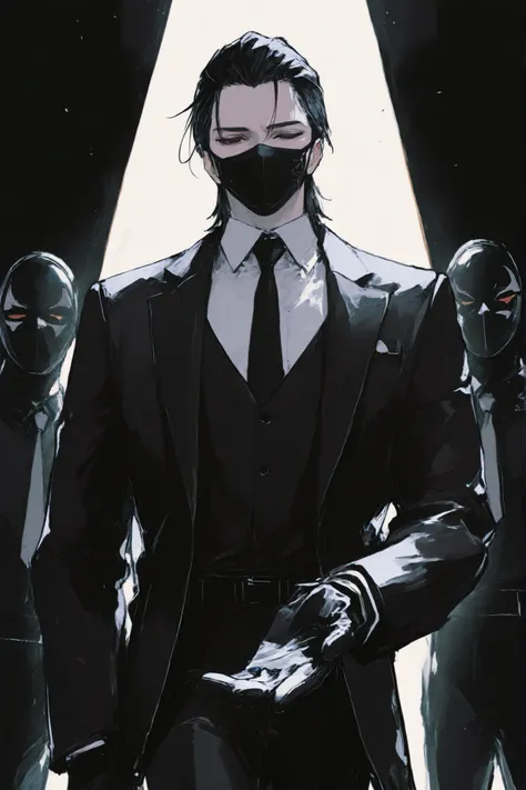 1boy, manga illustration, man, tall, perfectly dressed. wearing unique suit, tie, and gloves. black hair, slicked backwards, full face black mask strapped behind his head, slightly off, revealing a black pupil. Background dark, with spotlight on him, lean,...