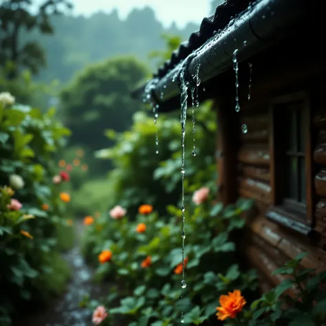 Large raindrops flow down from the roof, there is nothing more rain and roof, droplets flow down the sewer to form a stream of water, Masterpiece , best quality, complex details, Wysoko Kachestvo, maximum quality, 8 k, close-up of rain falling down the edg...