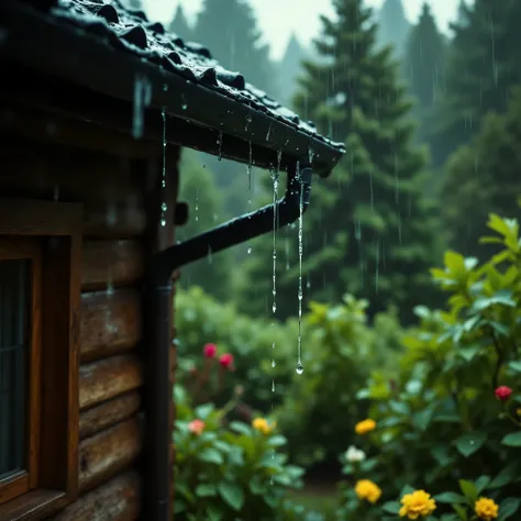 Large raindrops flow down from the roof, there is nothing more rain and roof, droplets flow down the sewer to form a stream of water, Masterpiece , best quality, complex details, Wysoko Kachestvo, maximum quality, 8 k, close-up of rain falling down the edg...