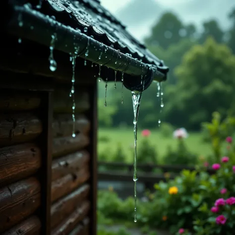 Large raindrops flow down from the roof, there is nothing more rain and roof, droplets flow down the sewer to form a stream of water, Masterpiece , best quality, complex details, Wysoko Kachestvo, maximum quality, 8 k, close-up of rain falling down the edg...