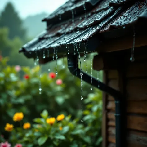 Large raindrops flow down from the roof, there is nothing more rain and roof, droplets flow down the sewer to form a stream of water, Masterpiece , best quality, complex details, Wysoko Kachestvo, maximum quality, 8 k, close-up of rain falling down the edg...