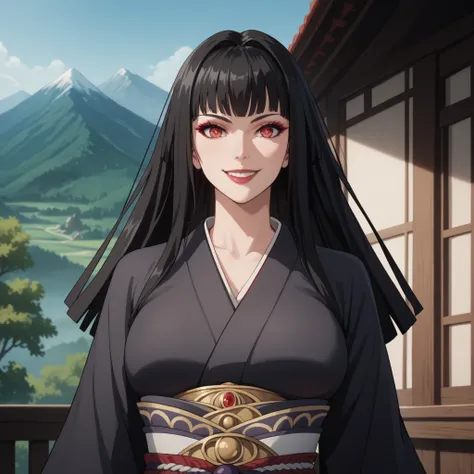 Glass 25-year-old female. long black hair , bright scarlet eyes , piel clara, evil smile , Big breasts. . black kimono , Detailed Kimono , pelvic veil , Body jewelry , . background mountains.